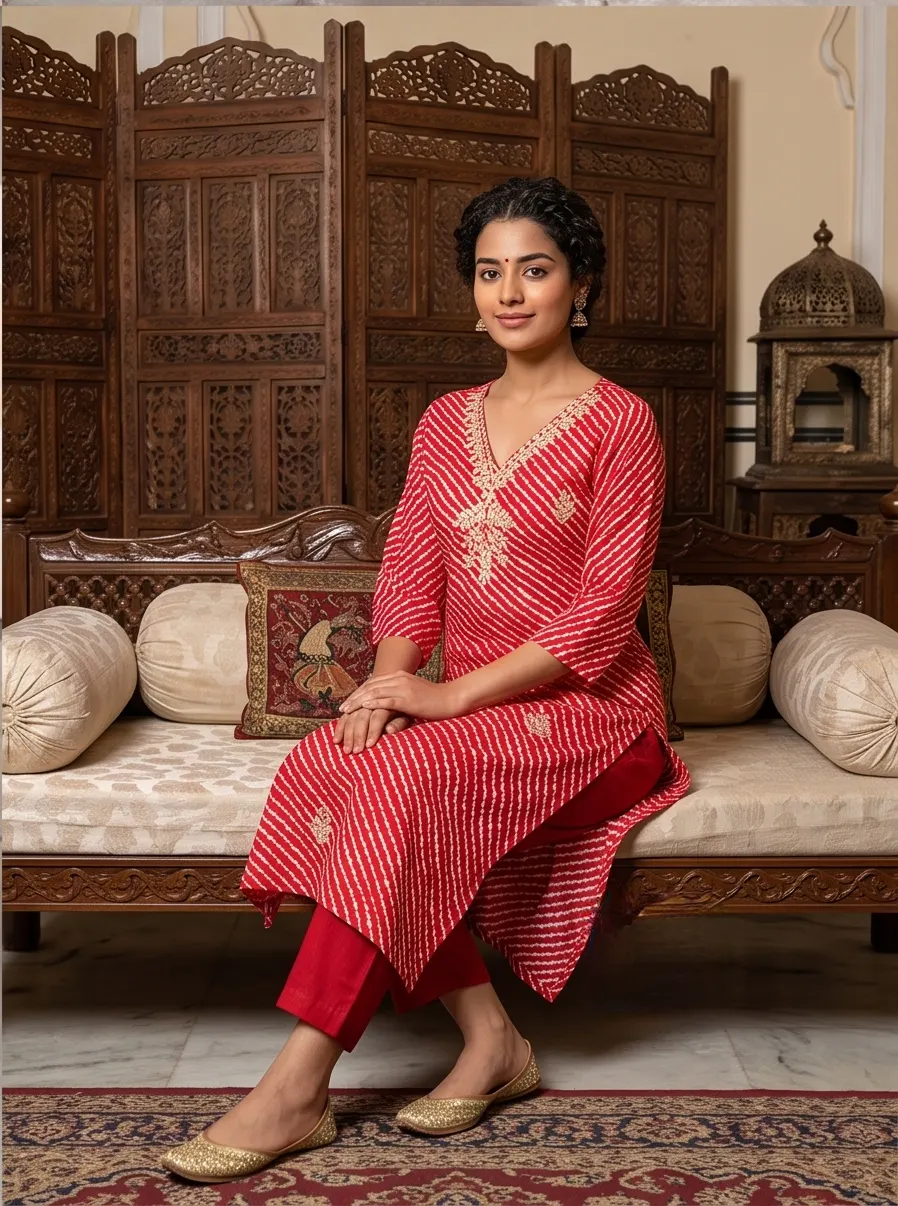 Red Leheriya Print Embroidered V-Neck Straight Kurta Pant Set