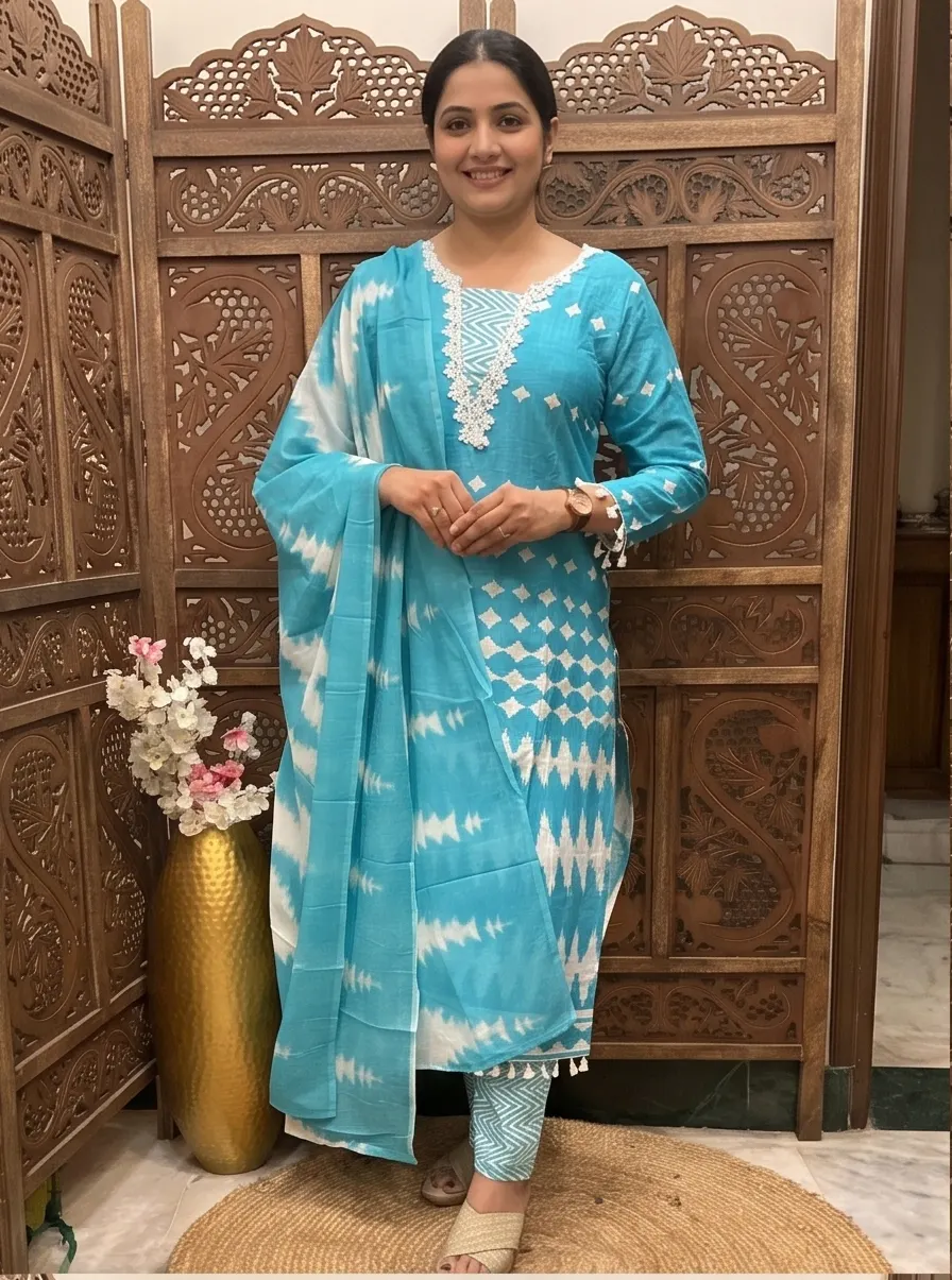 Sky Blue Shibori & Chevron Handcrafted Kurta Set