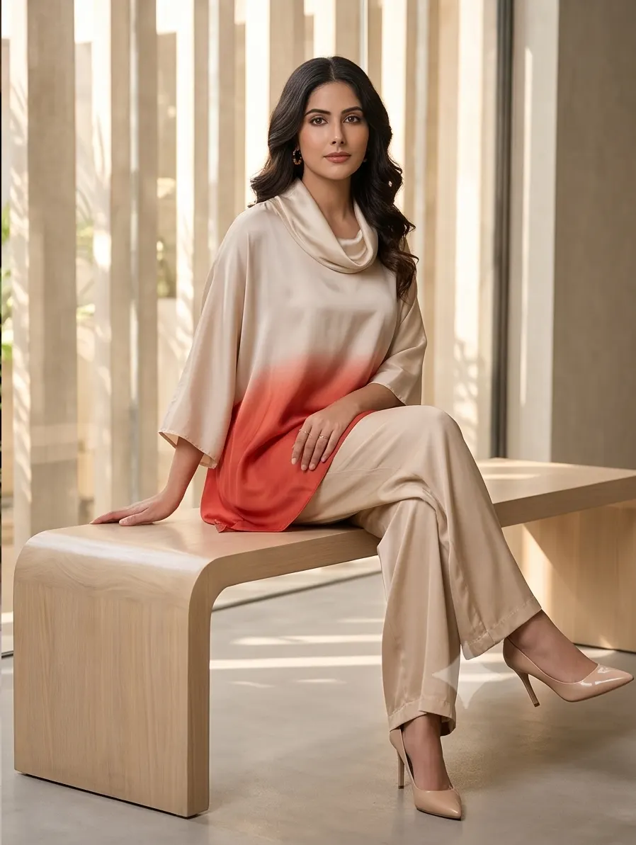 Beige & Coral Orange Ombre Satin Cowl Neck Top with Wide-Leg Pants (2-Piece Co-ord Set)