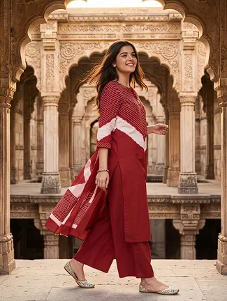 Rust Red Tie-Dye: Brick Red Chevron Bandhani-Inspired A-Line Kurta with Palazzo and Dupatta Set