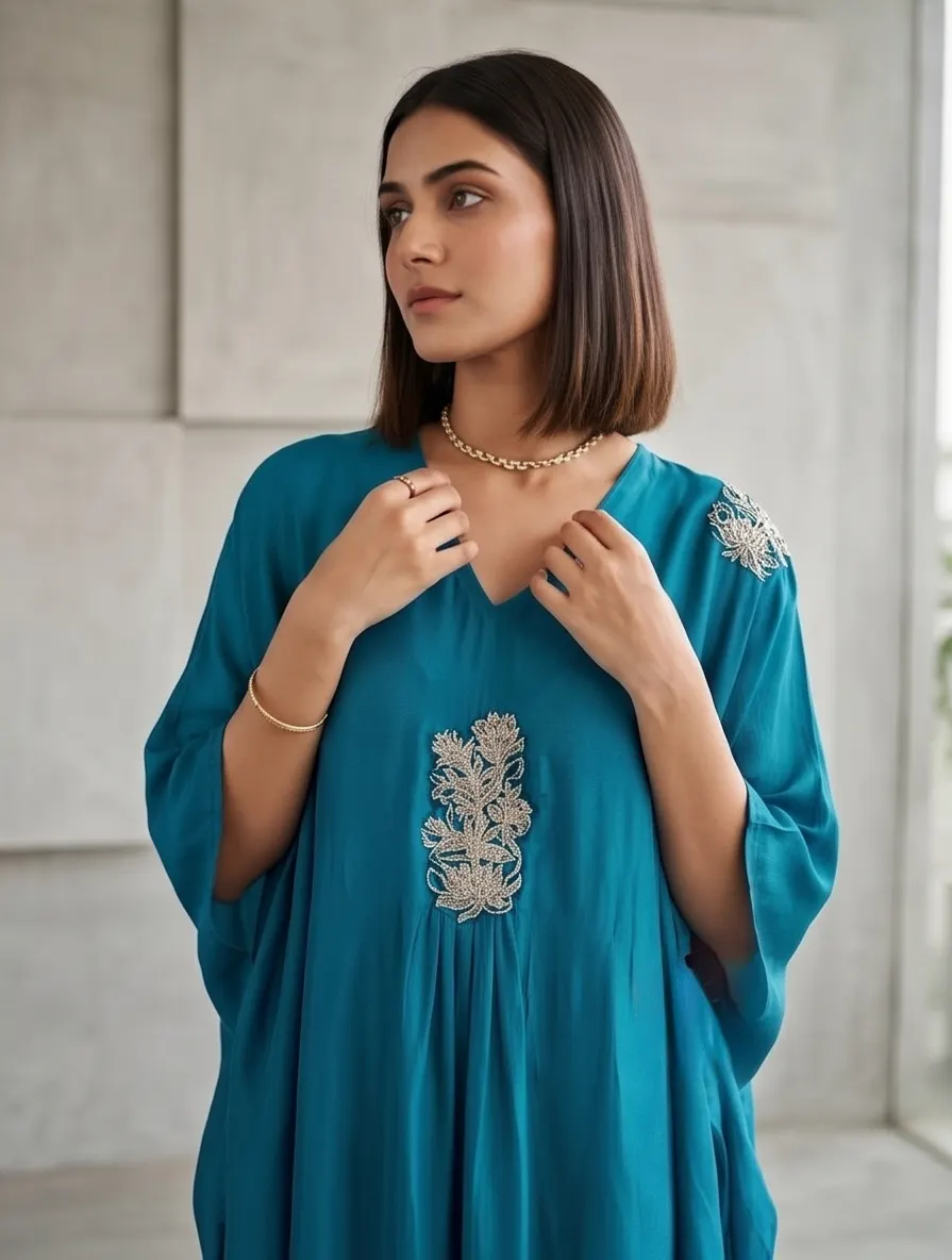 Teal Blue Silk Kaftan Kurti with Zardozi Center Motif & Matching Palazzo Pants (2-Piece Set)