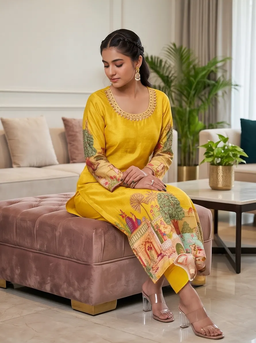 Mustard Yellow Digital Floral Print Straight Kurta Pant Set with Dupatta