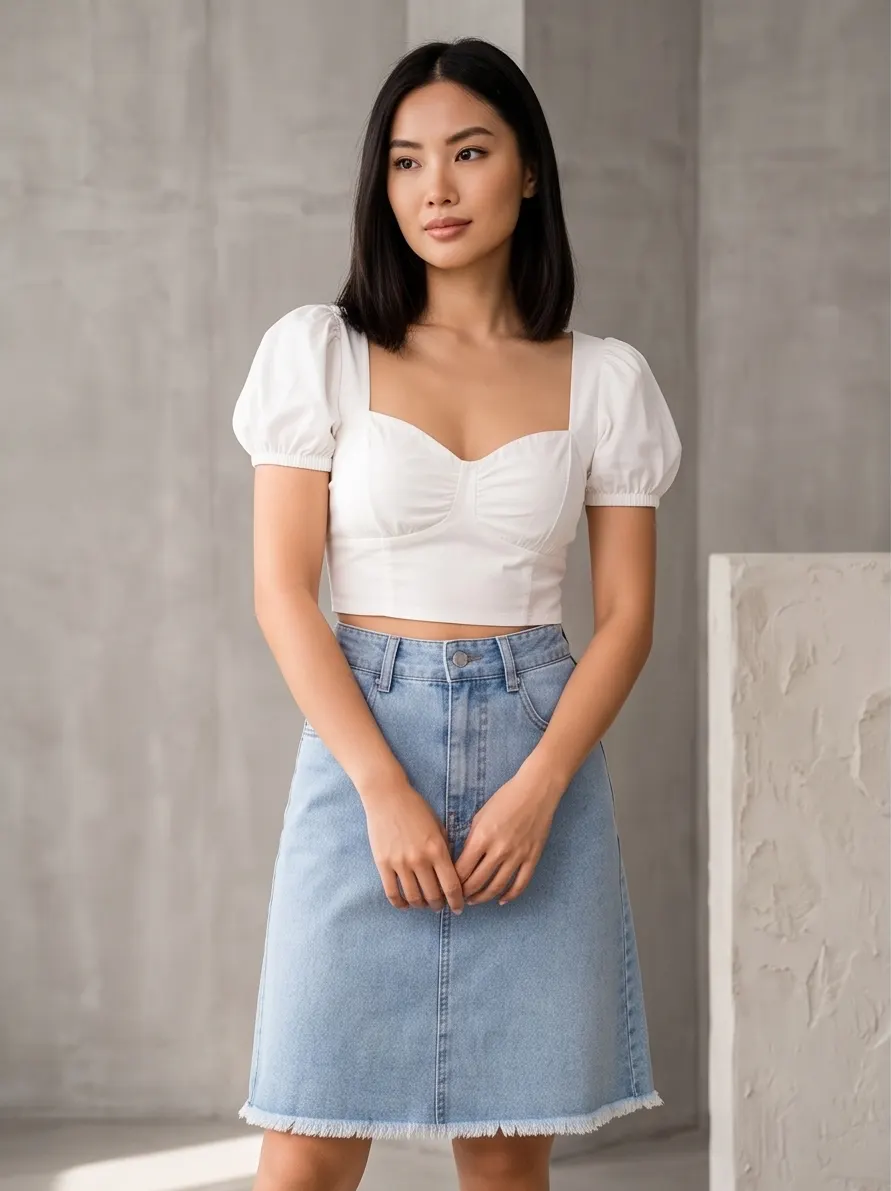 Light Blue Washed High-Waist Denim Skirt with Frayed Hem