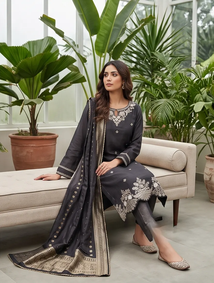 Charcoal Grey Silk Chanderi Kurta Set with Silver Zari Embroidery & Woven Banarasi Dupatta (Set of 3)