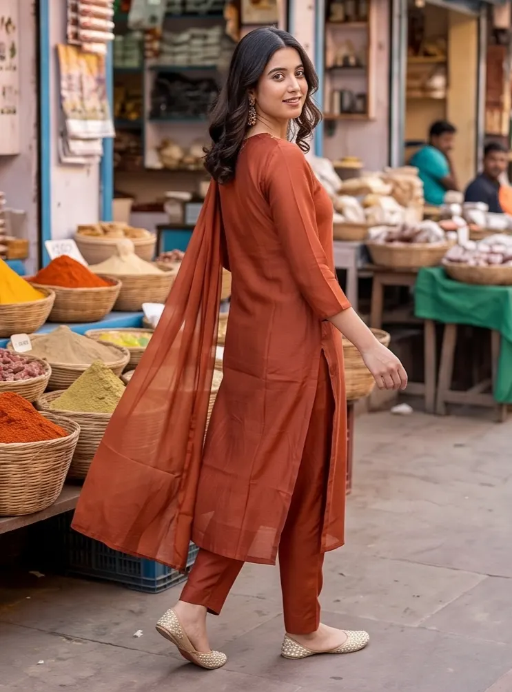 Rust Brown Zari Embroidered Silk Straight Kurta Pant Set with Dupatta