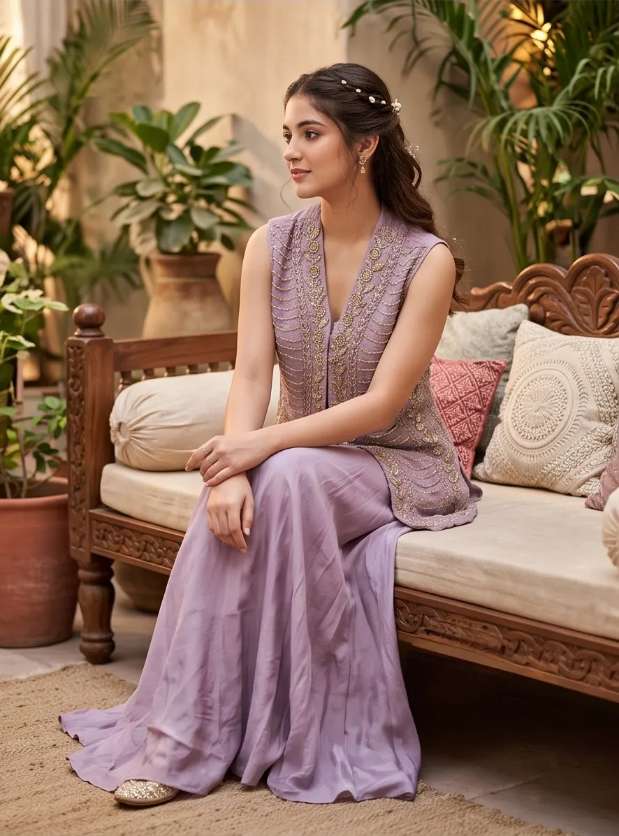Lavender Embroidered Long Waistcoat and Flared Palazzo 3-Piece Co-Ord Set