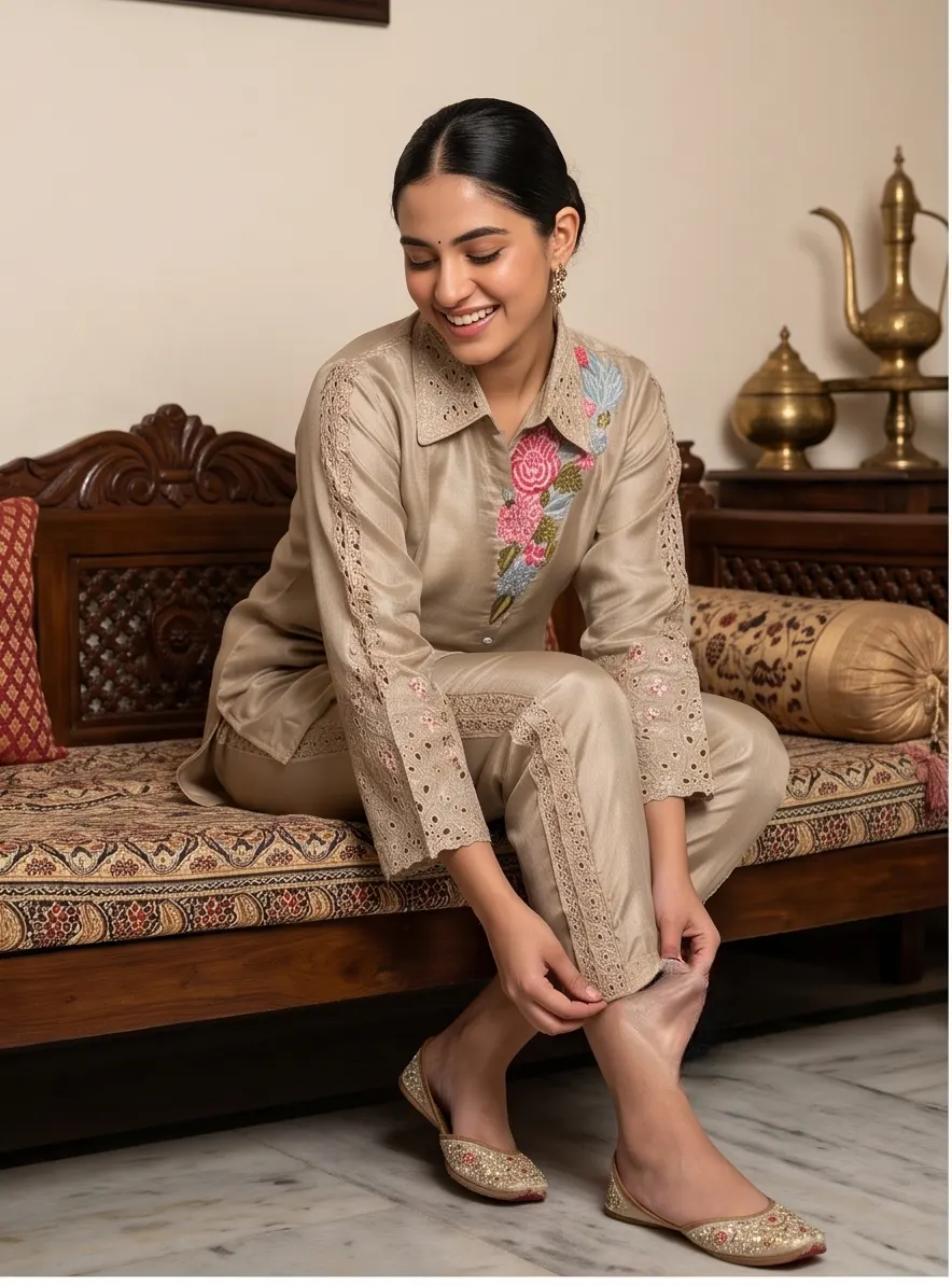 Beige Cutwork Embroidered Silk Shirt Collar Tunic and Trouser Co-ord Set