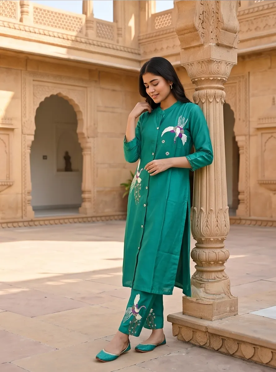 Sea Green: Peacock Green Hand-Embroidered Mandarin Collar Kurti with Cigarette Pants Co-ord Set