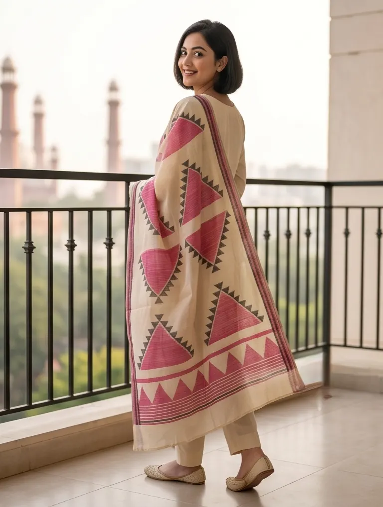Beige Geometric Motif Printed Chanderi Cotton Kurta Pant Set with Dupatta