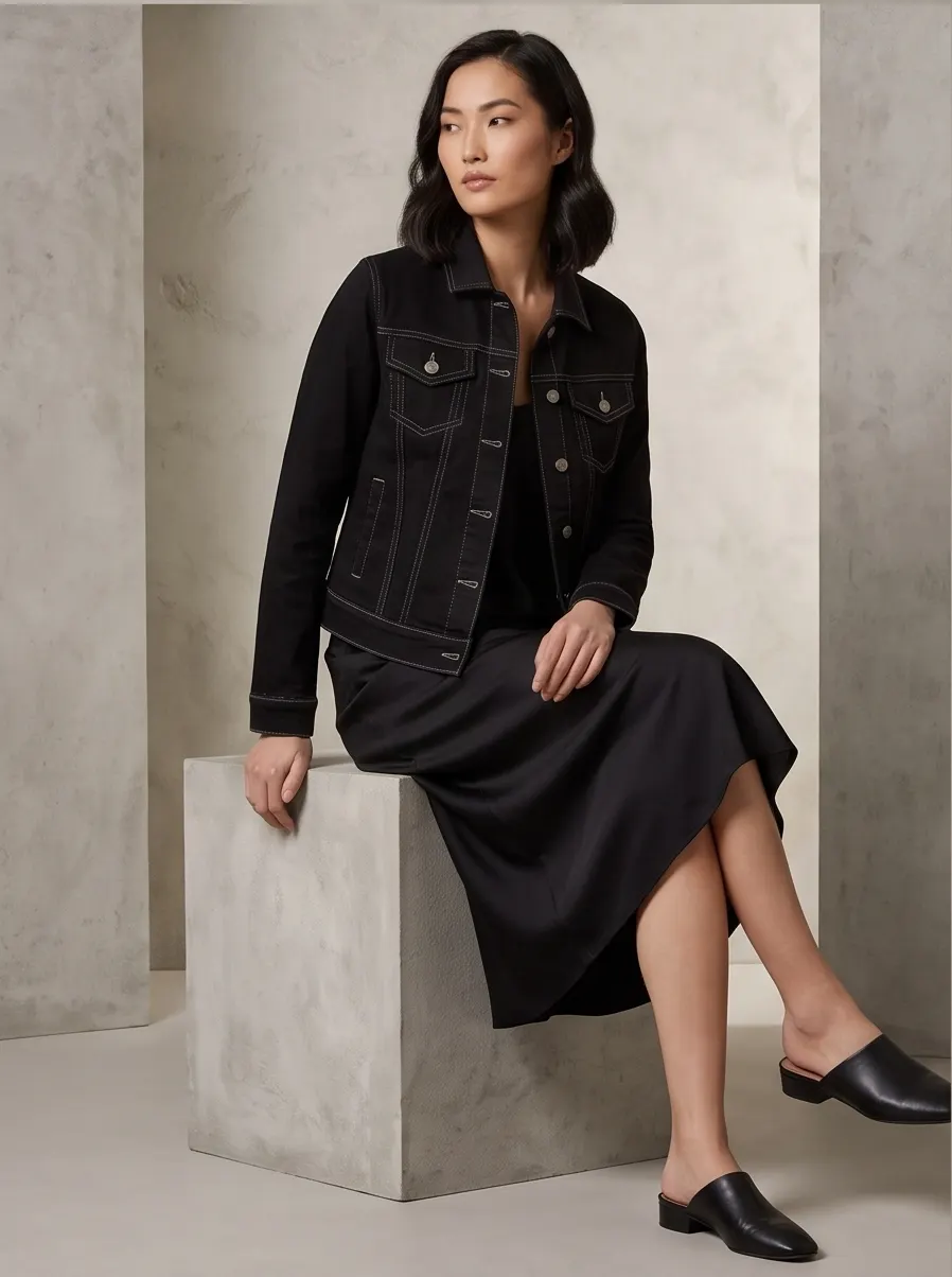 Women's Black Cotton Denim Jacket with White Contrast Stitch Detailing