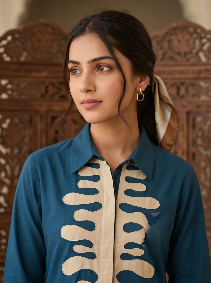 Teal Blue Cotton Shirt Collar Tunic and Straight Trouser Co-Ord Set with Beige Appliqué Work
