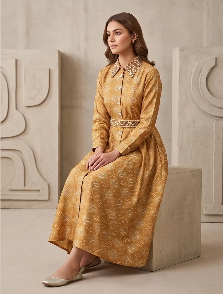 Mustard Yellow Bandhani Print Shirt Collar Maxi Dress with Embroidered Belt