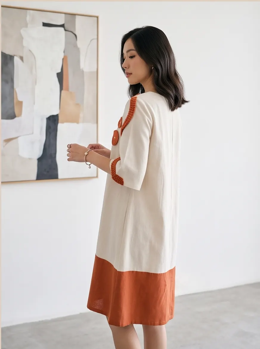Women's Beige & Rust Orange Colorblock Linen Shift Dress with Floral Crochet Detailing