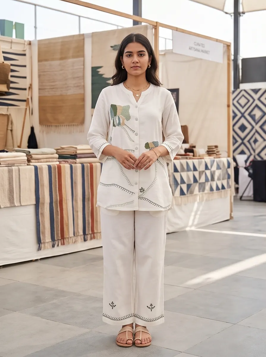 Off-White Cotton Embroidered Elephant Motif Tunic and Straight Pant Co-Ord Set