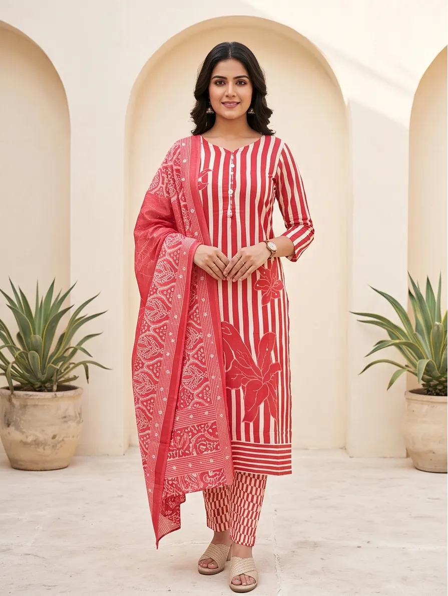 Red & White Striped Pure Cotton Kurta Set with Printed Mulmul Dupatta (Set of 3)