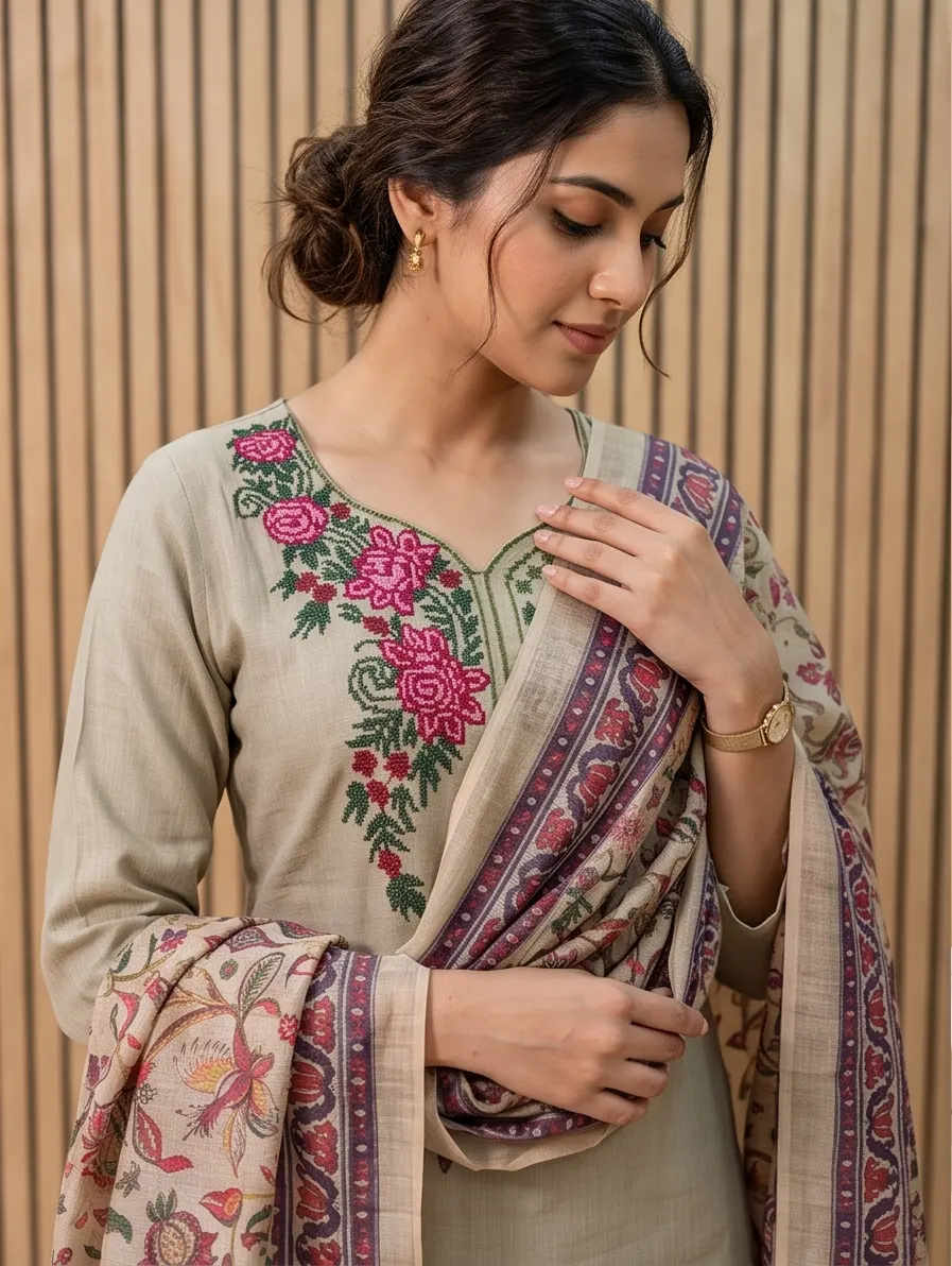 Beige Hand-Embroidered Chanderi Kurta Set with Kalamkari