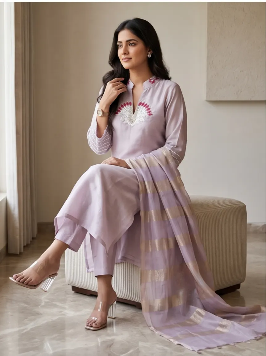 Lavender Hand-Embroidered Chanderi Kurta Set