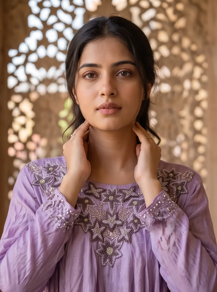 Lavender Crushed Mulmul Pleated Anarkali Kurta and Pant 2-Piece Set with Beaded Yoke