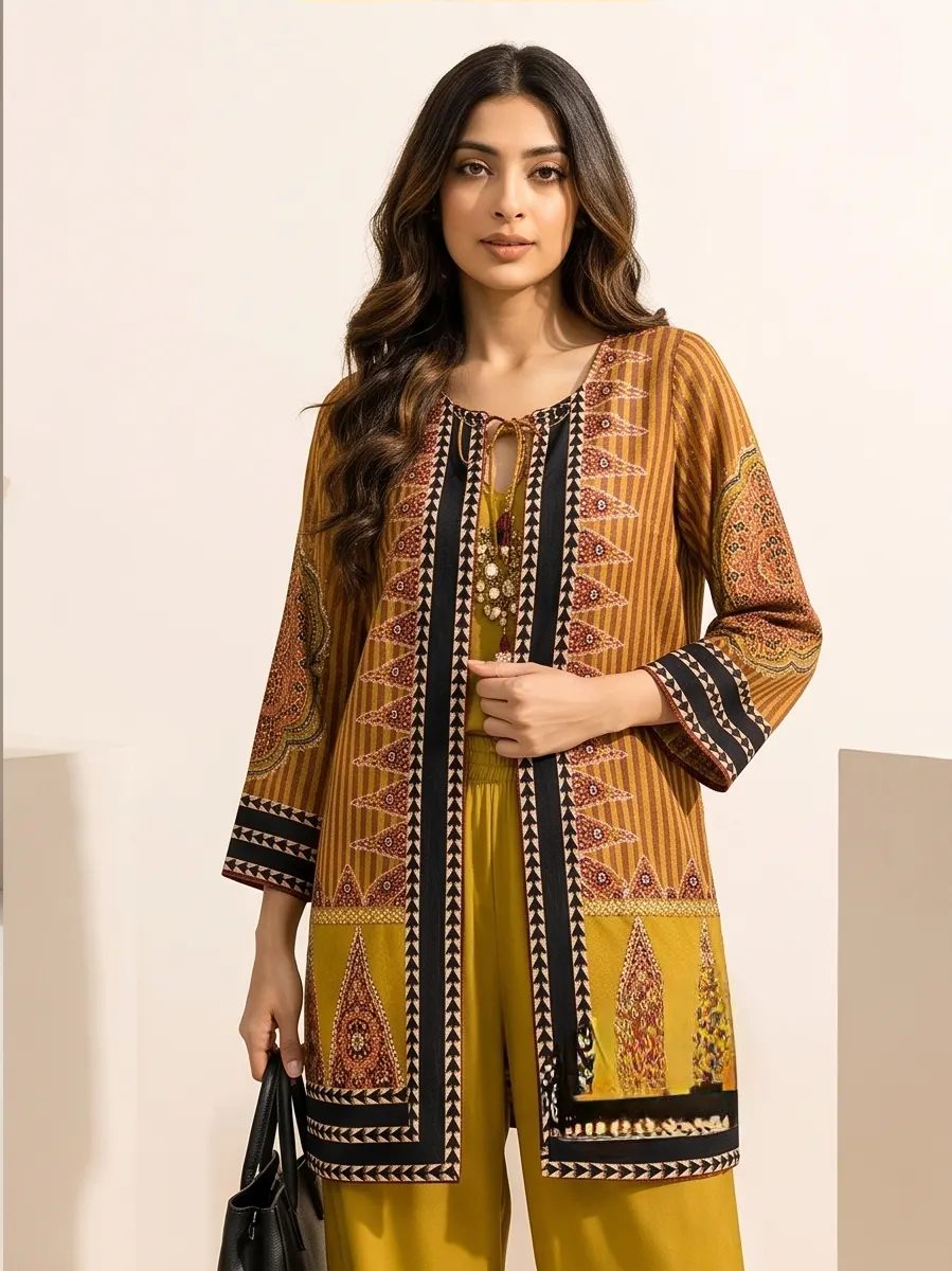 Women's Mustard Yellow Printed Longline Shrug Jacket with Tie-Up Neckline