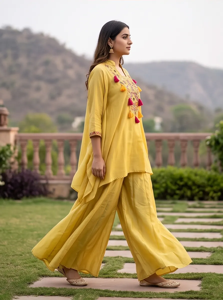 Mustard Yellow Embroidered Asymmetric Kurta and Flared Palazzo Set