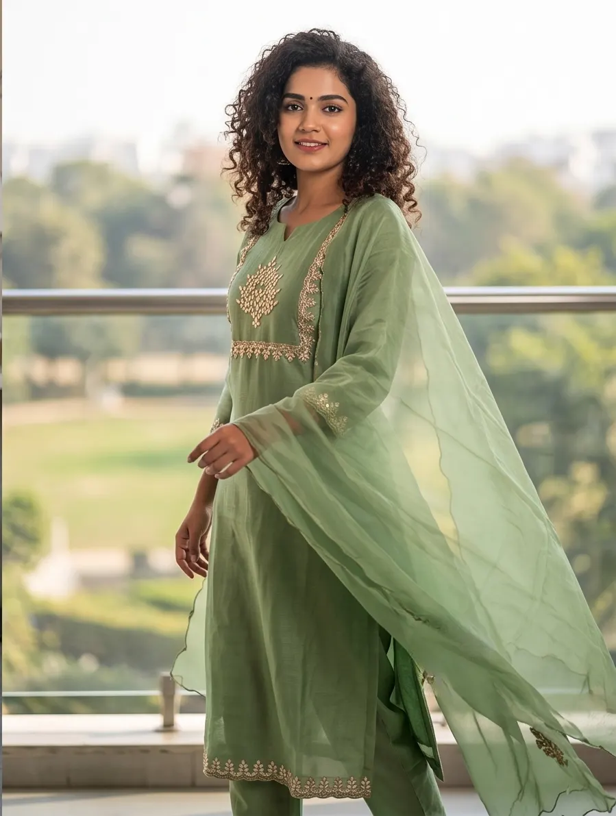 Sage Green Embroidered Chanderi Silk Straight Kurta Pant Set with Dupatta