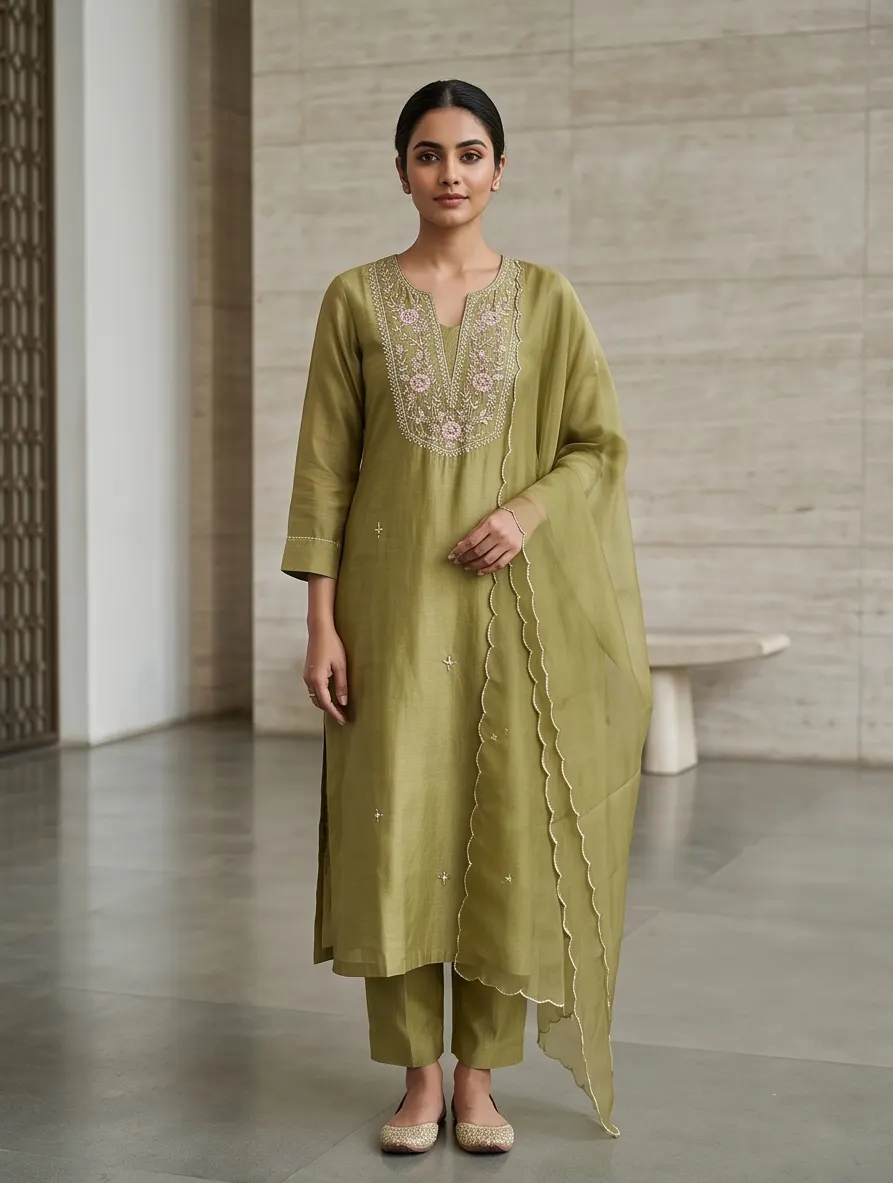Olive Green Chanderi Silk Kurta Set with Floral Threadwork Yoke & Scalloped Dupatta (Set of 3)
