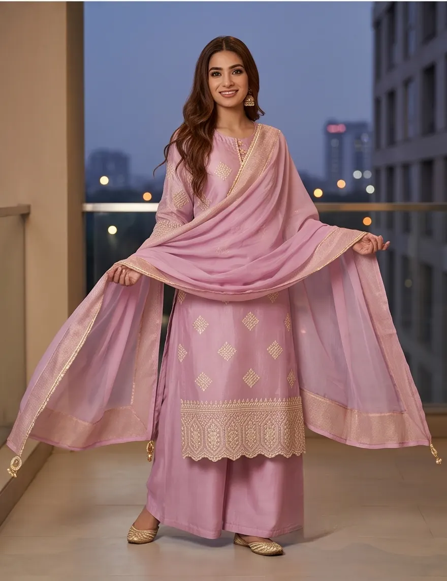 Lavender Zari Woven Chanderi Silk Kurta Set with Palazzo and Dupatta