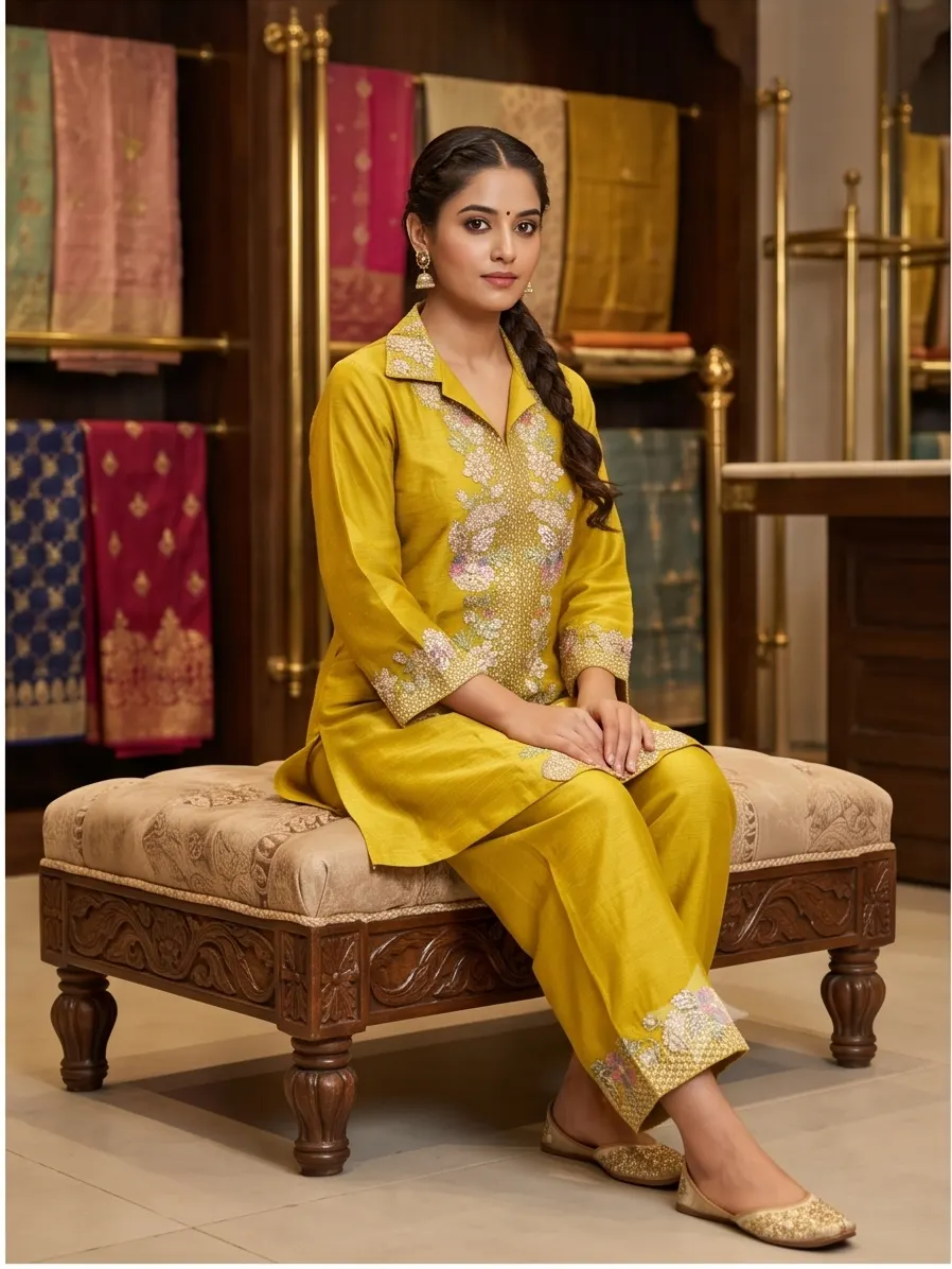 Mustard Yellow Floral Embroidered Silk Blend Collar Neck Kurta and Pant Co-ord Set
