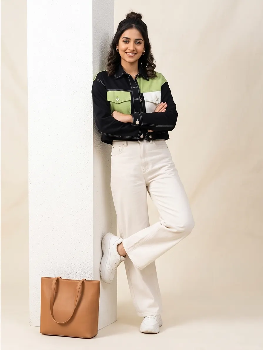 Women's Black & Sage Green Colorblock Cropped Twill Jacket with White Contrast Stitching