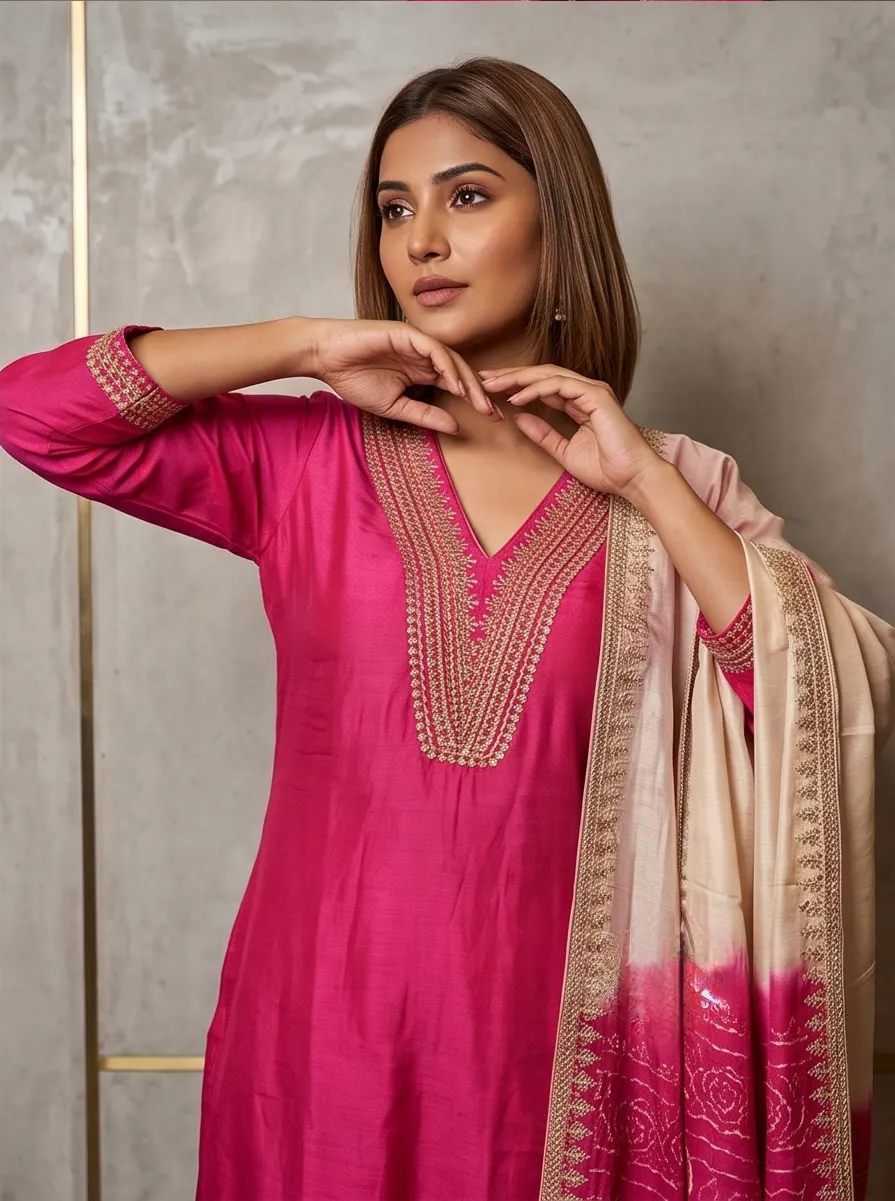 Hot Pink Chanderi Silk Kurta Set with Zari Embroidered V-Neck & Dual-Tone Dupatta