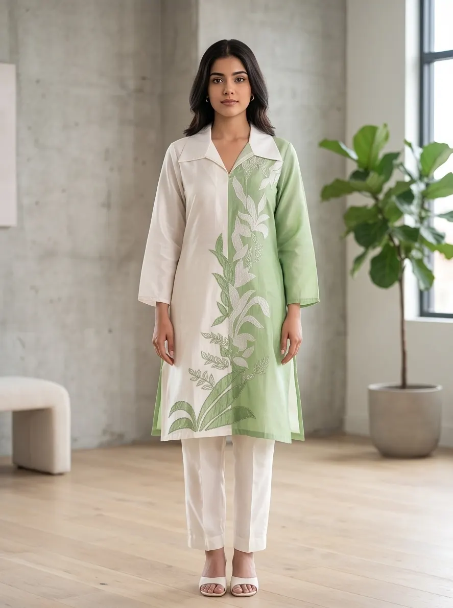 Sage Green & Off-White Colorblock Cotton Silk Kurta Set with Floral Embroidery & Straight Pants (2-Piece Set)