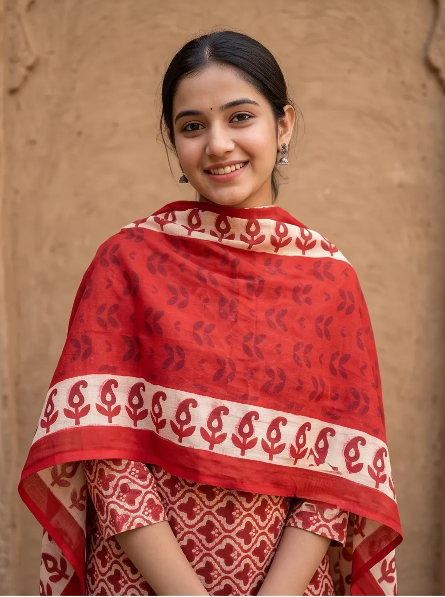 Brick Red Jaipuri: Rust Red Block Printed Chanderi Cotton Straight Kurta Pant Set with Dupatta