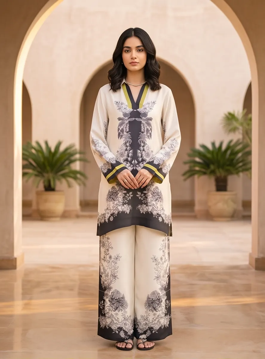 Ivory & Black Floral Toile Print Silk Tunic & Palazzo Co-ord Set (2-Piece Set)