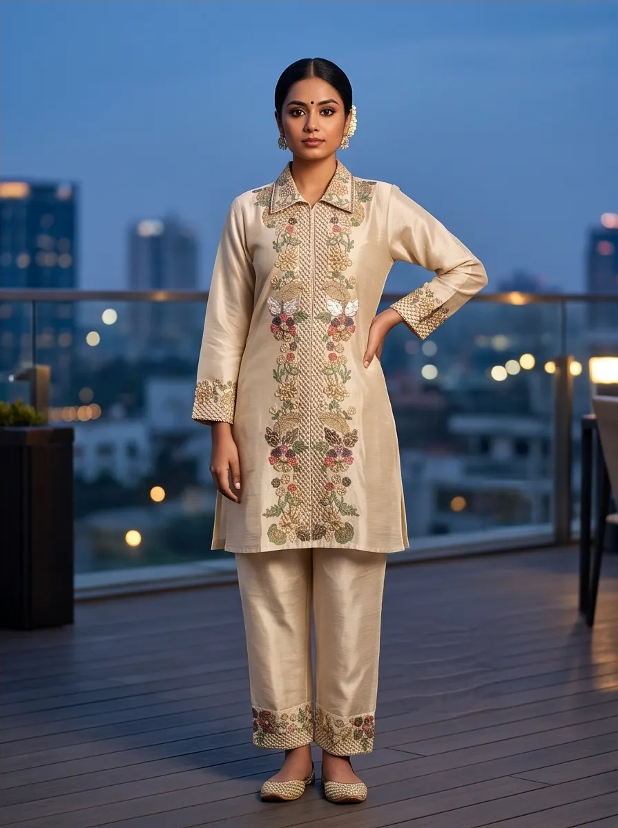 Beige Floral Embroidered Silk Collar Neck Kurta and Pant Co-ord Set