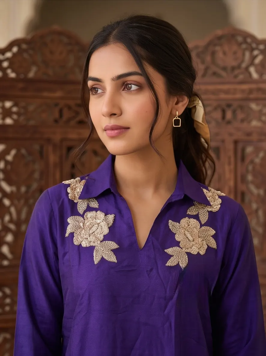 Royal Purple Raw Silk Shirt Collar Tunic and Pant Set with Floral Zari Embroidery