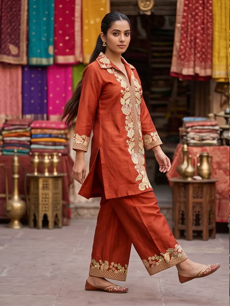 Rust Embroidered Silk Collar Neck Kurta and Pant Co-ord Set