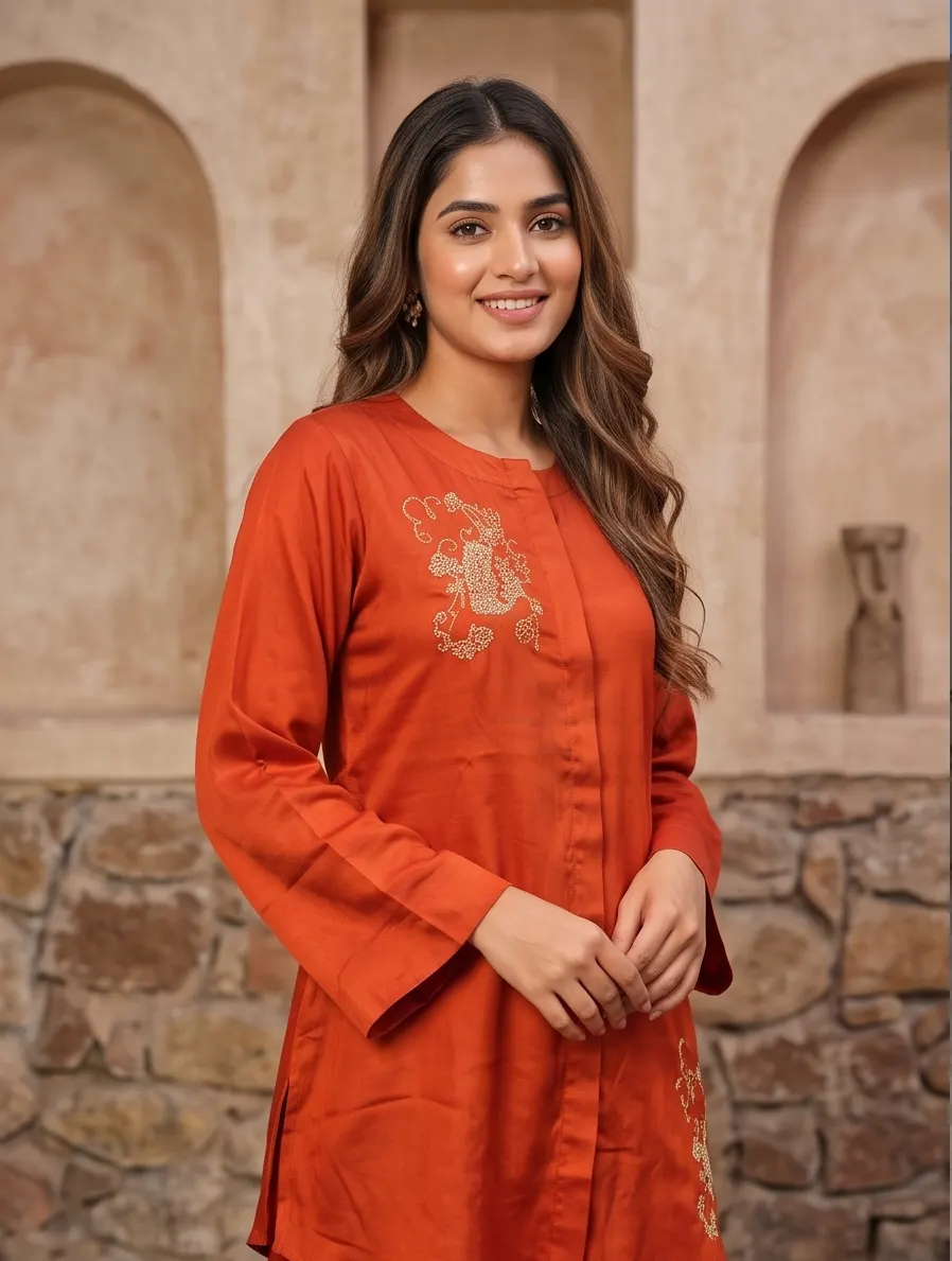 Rust Orange Embroidered Silk Blend Tunic and Trouser Co-ord Set