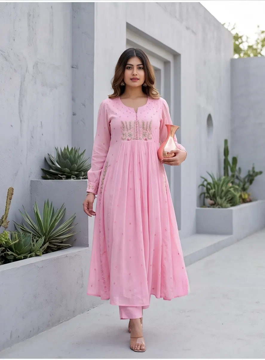 Baby Pink Silk Anarkali Kurti with Gold Zari Yoke Embroidery & Straight Pants (2-Piece Set)
